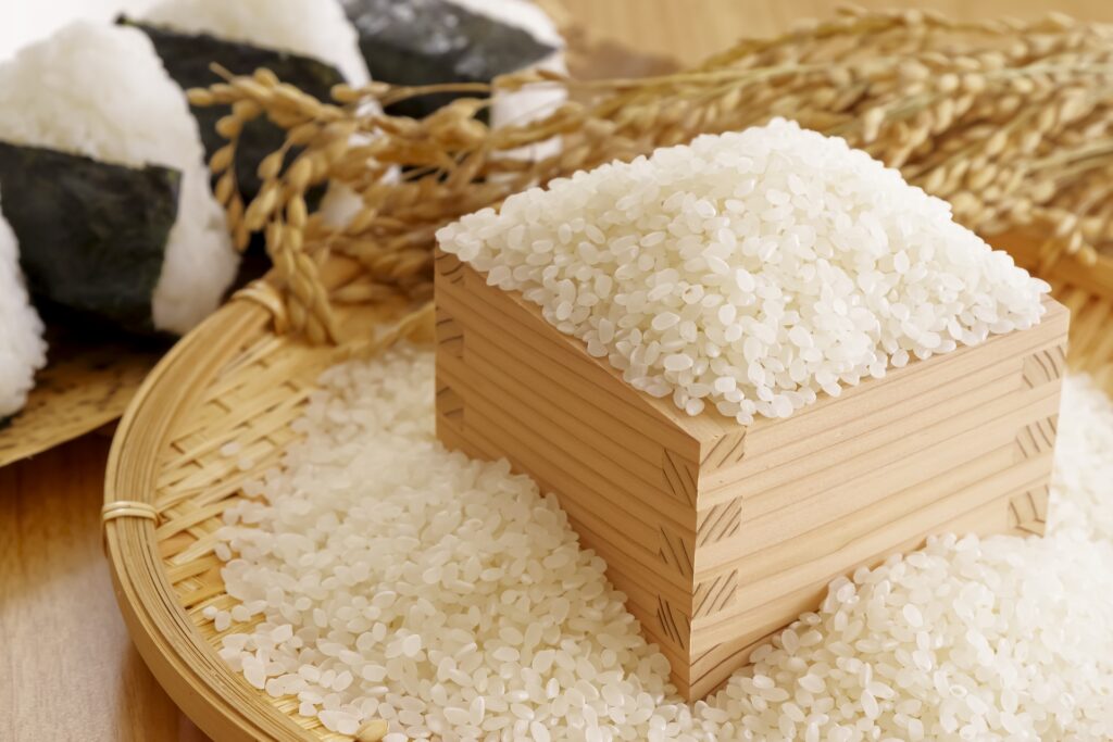 日本の主食お米と美味しそうなおにぎりの画像
